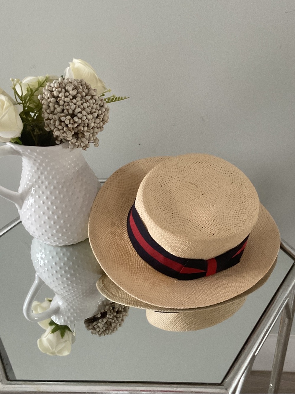 Women's Natural Straw Boater Hat with Navy & Red Trim